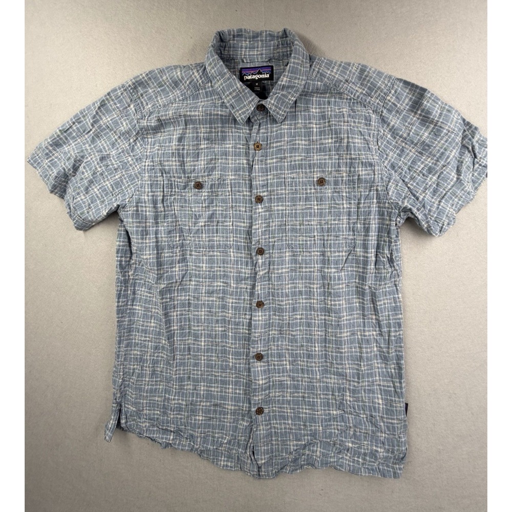 Patagonia Back Step Shirt Mens Medium‎ M Blue Plaid Hemp Cotton SS Casual SP23